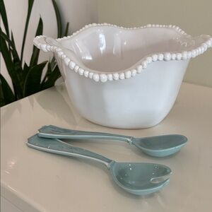 Beatriz Ball New Orleans Vida Decorative Ice Salad White Bowl with Blue Servers